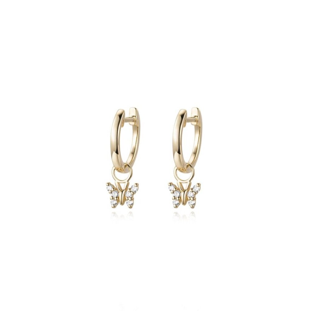 Butterfly Charm 14K (or 18k upon request) Gold Diamond Hoop Earrings